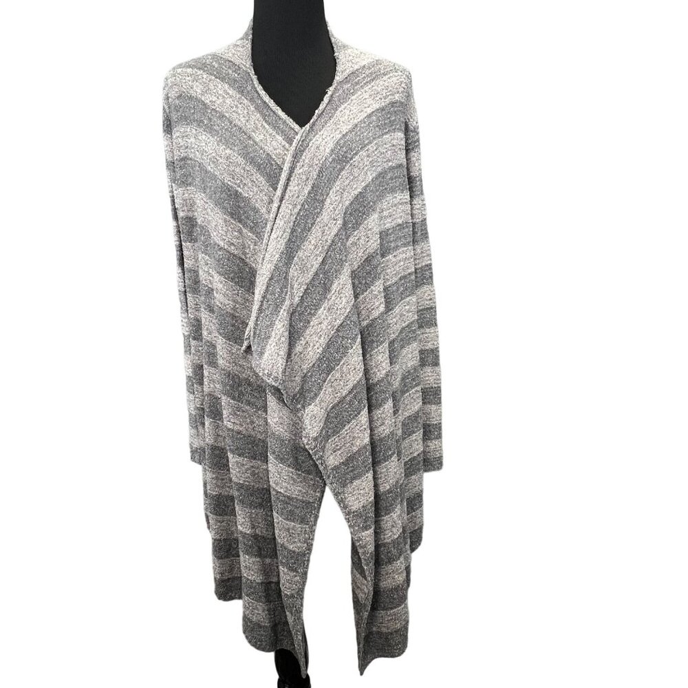 Barefoot Dreams Calypso Wrap Sweater L/XL Bamboo Chic Lite Gray Stripe Long Open
